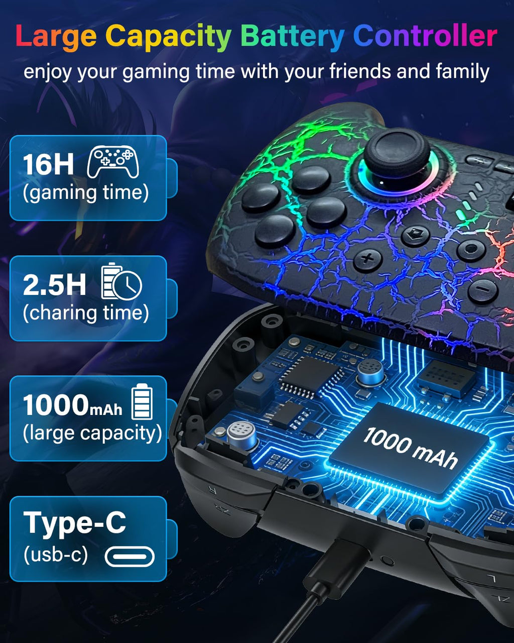 Switch Controller Compatible with Switch/Switch Lite/OLED/PC, Programmable Wireless Switch Controller with 10 LED Light, 6-Axis Motion, Turbo, Vibration, One-Key Wake Up & Pairing, 1000mAh Battery, Flame