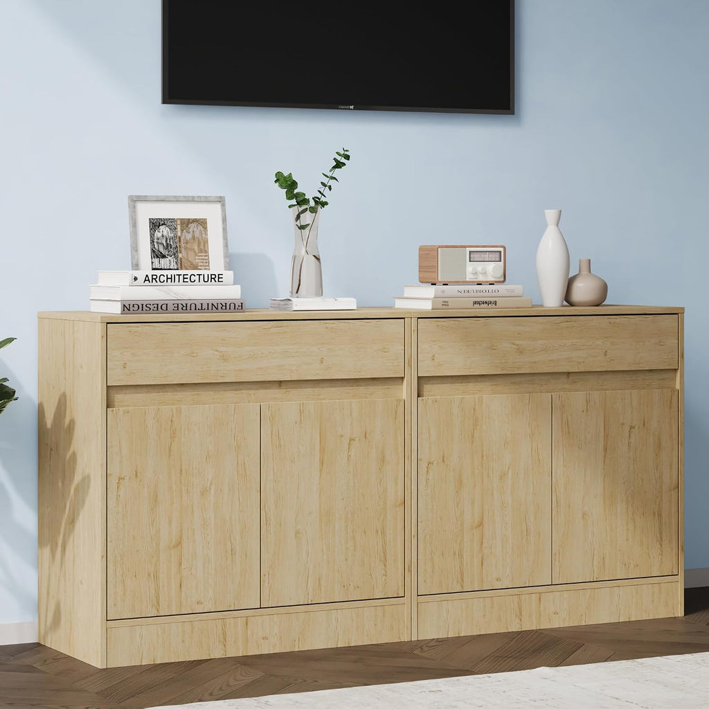 Housoul Buffet Cabinet with 2 Doors and Drawer, Coffee Bar Cabinet with Adjustable Shelf, Modern Kitchen Buffet Sideboard for Living Room, Kitchen, Natural