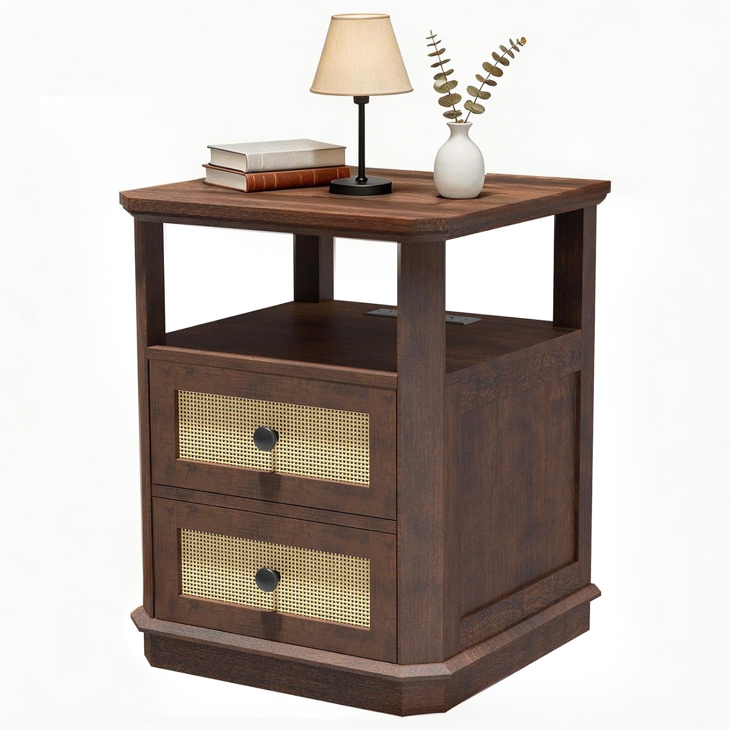 24" End Table Set of 2 with Charging Station, Rattan Drawer Sofa Side Table, Anti-Collision Corner Wooden Nightstand for Living Room Bedroom Office