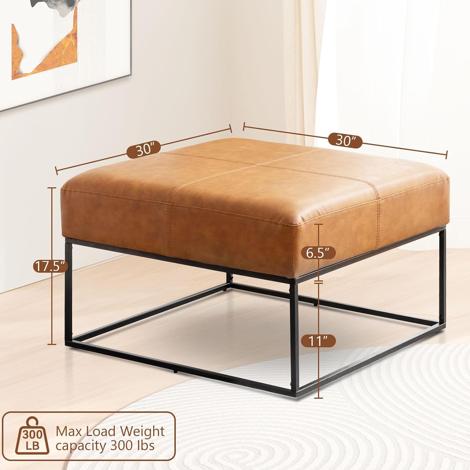 Modern Square Coffee Table, Farmhouse Ottoman for Living Room, Large Vintage Leather Coffee Tables with Faux Leather Upholstered Padded Seat [Square, Vintage Brown, 30'']