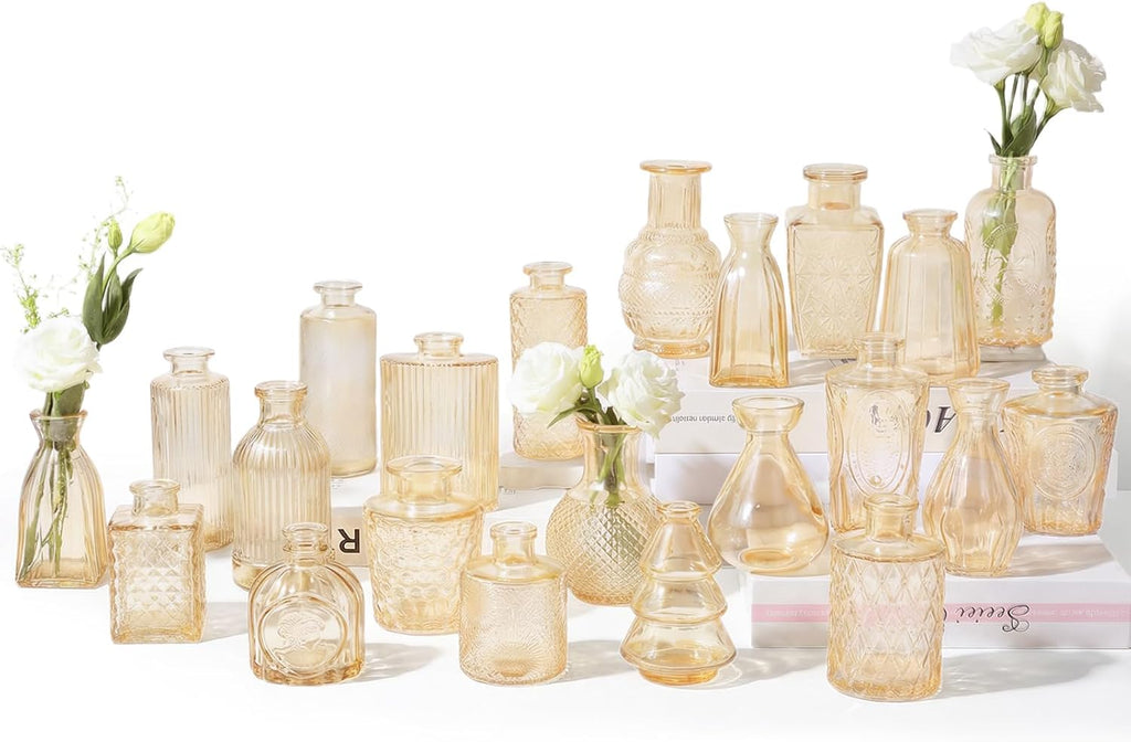 RUCKAE Glass Bud Vases Mini Flower Vase Small Vintage Vases for Centerpiece Table Wedding Decorations Home Decor Party(Gold 22 Pack)
