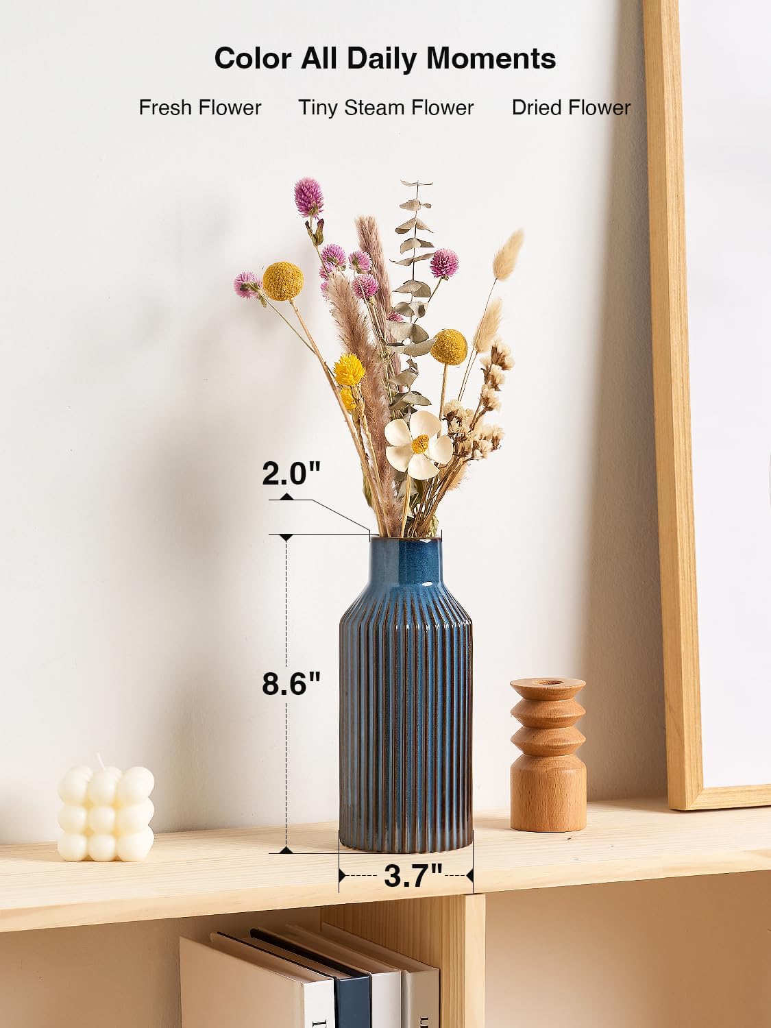 STHIE 8 Inches Ceramic Flower Vase, Blue Vases for Centerpieces | Flambé Reactive Glaze,Minimalist Modern Home Decor, Pampas Grass Vase for Table, Fireplace, Shelf, Mantel, Entryway