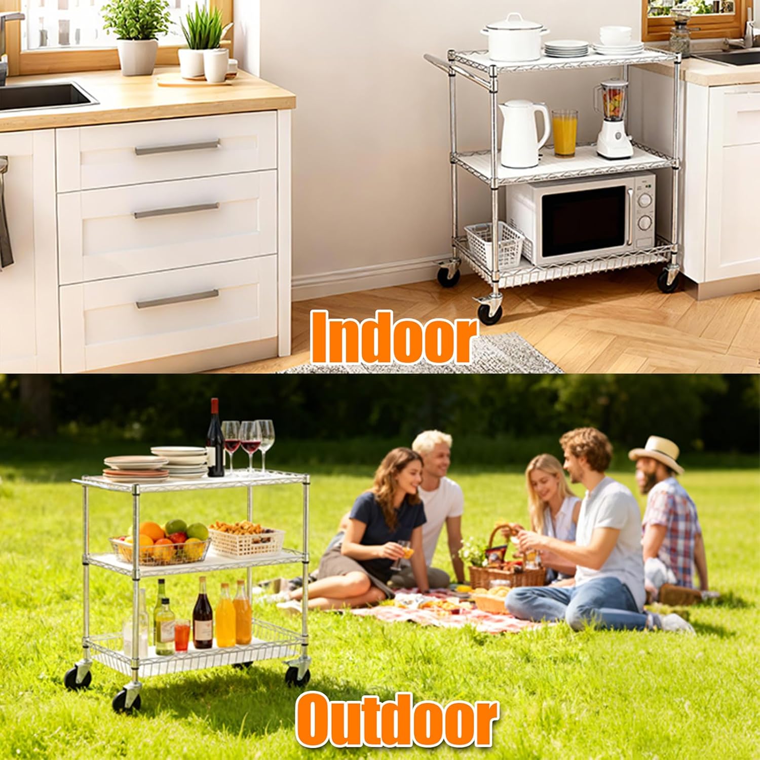 3-Tier Rolling Cart, Utility Metal Wire Cart, 30" D x 18" W x 35" H | 4'' Locking Wheels, Adjustable Shelves, 661 LBS Capacity, Complying with NSF, Heavy Duty, For Home Kitchen Garage Office