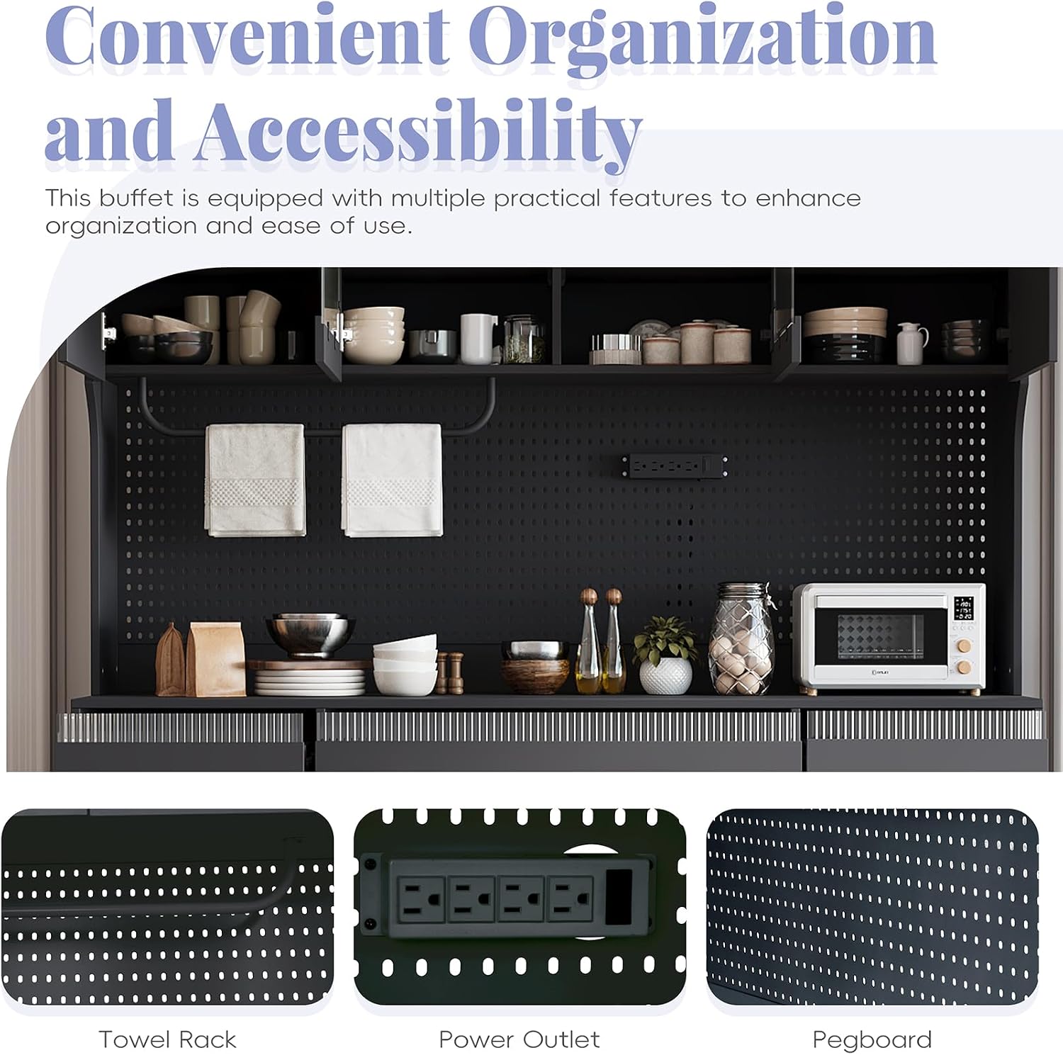 63'' W Freestanding Buffet Kitchen Pantry Cupboard with Hutch, Large Coffee Bar Storage Cabinet with 6 Drawers, 5 Cabinets with Adjustable Shelves,Pegboard,Towel Rack, Power Outlet