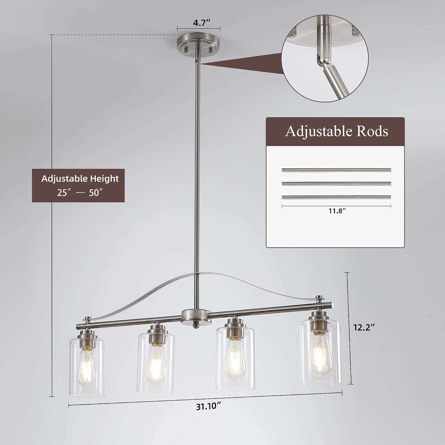 Island Light for Kitchen, 4-Light Linear Chandelier Pendant Lighting for Kitchen Island, Brushed Nickel Dining Room Light Fixture Over Table with Clear Glass Shades