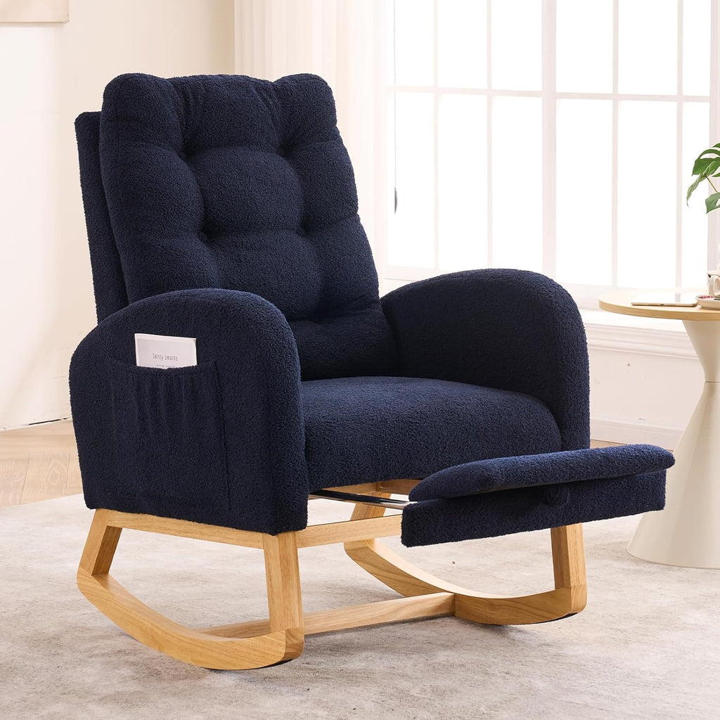 Nursery Rocking Chair,Rubber Wood Base Glider Rocking Chair with Adjustable Footrest and Side Pocket,Teddy Fleece Glider Rocker for Living Room, Bedroom (Teddy Fleece, Navy Blue)
