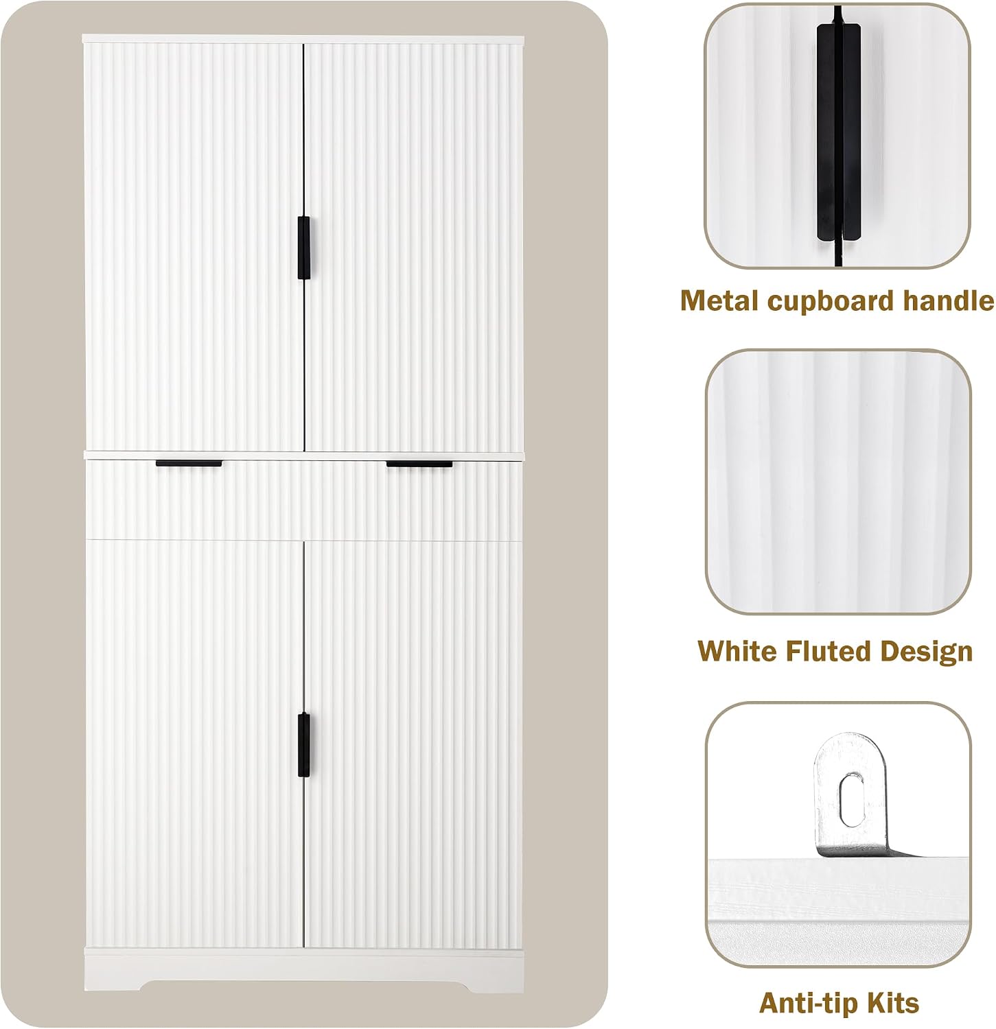 72" Tall Kitchen Pantry Cabinet with Fluted Doors, Freestanding Cupboard with 3 Keyboard Drawers, 6 Door Shelves Adjustable, Modern Storage Cabinet for Dining Room, Living Room, Office, White