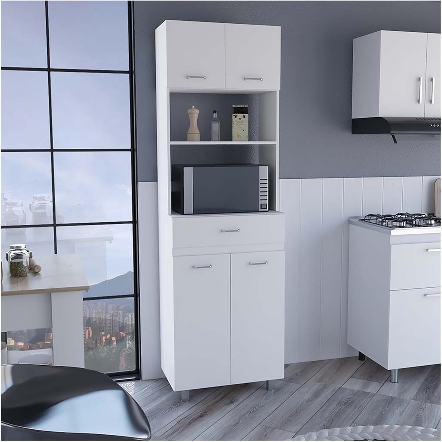 Microwave Double Door Cabinet, One Drawer, One Shelf for Microwave, White,for Kitchen