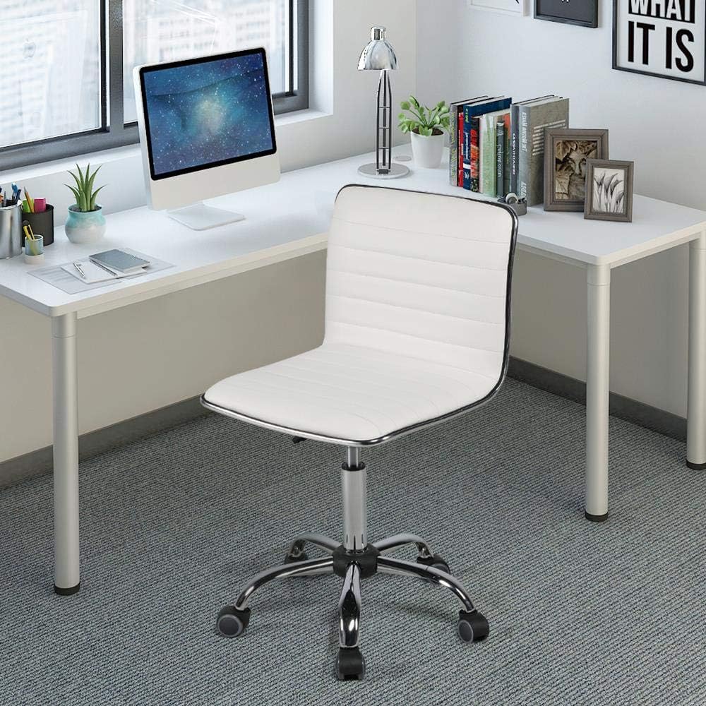 Yaheetech Home Office Furniture Set, L Shaped Computer Corner Desk with Outlets and USB Ports for Small Space, PU Leather Adjustable Chair Low Back Ribbed Armless Swivel White Desk Chair Set