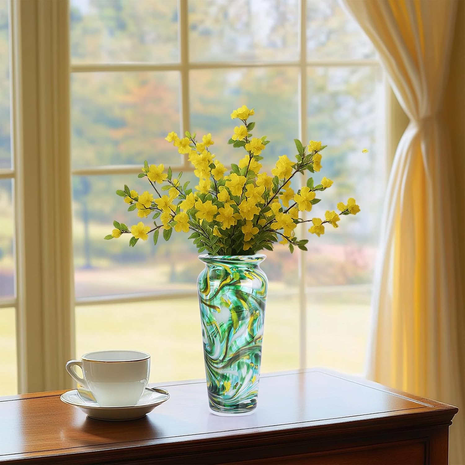 Green Hand Blown Glass Vase – Tall Speckled Decorative Centerpiece in Murano Style for Dining Table, Coffee Table, Mantel, Entryway, or Bookshelf in Coastal or Modern Decor (Green)