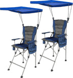 Extra Tall Folding Chairs with Canopy Shade for Adults, Portable Height Foldable Director Chairs with Umbrella for Concerts Sports Events Camping Outside with High Back, Blue 2 Pack