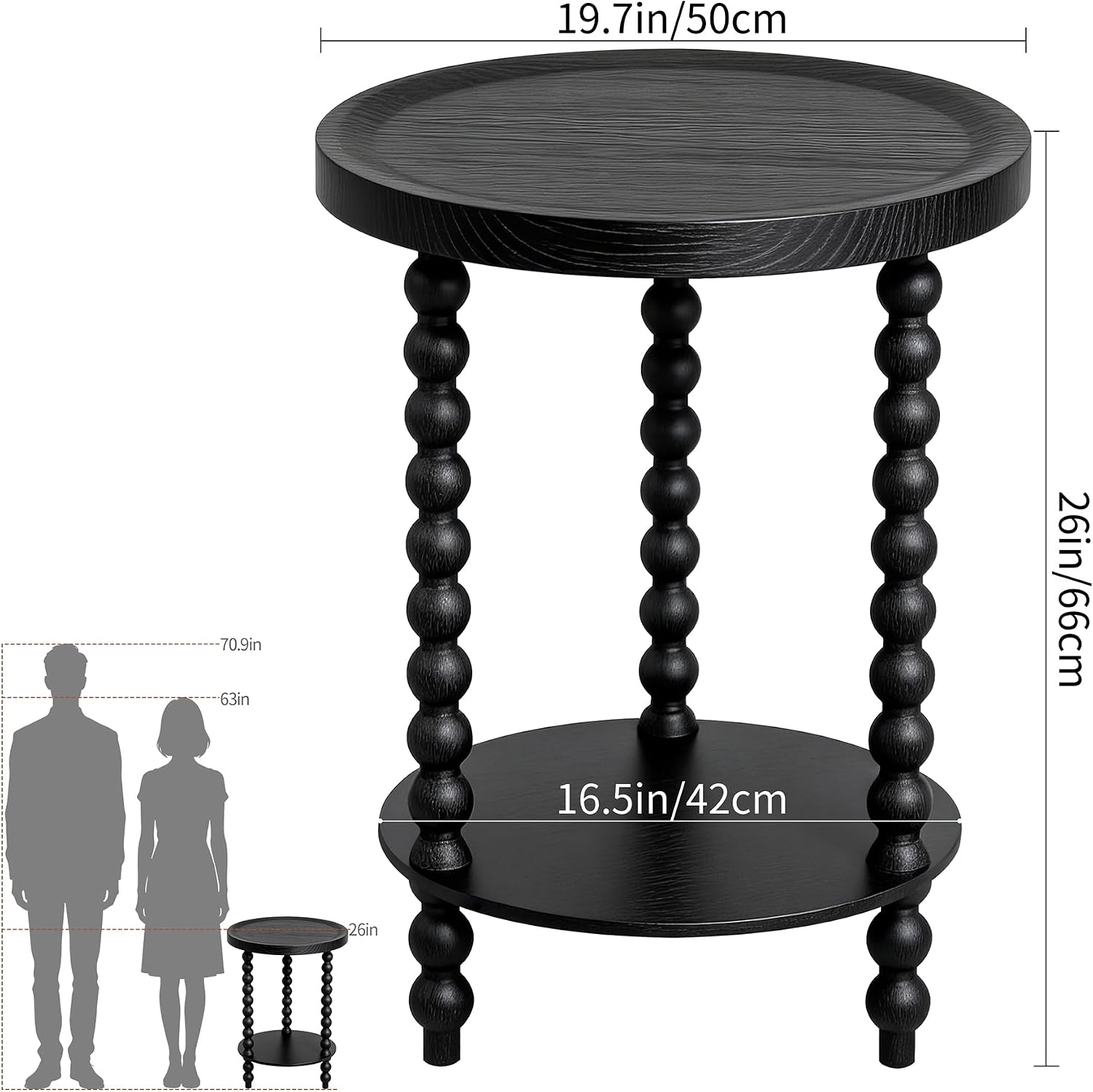 Round 2 Tier Side Table, End Table with Storage Shelf, Modern Nightstand Beside Table for Living Room, Bedroom, (Black, Normal, Wood)