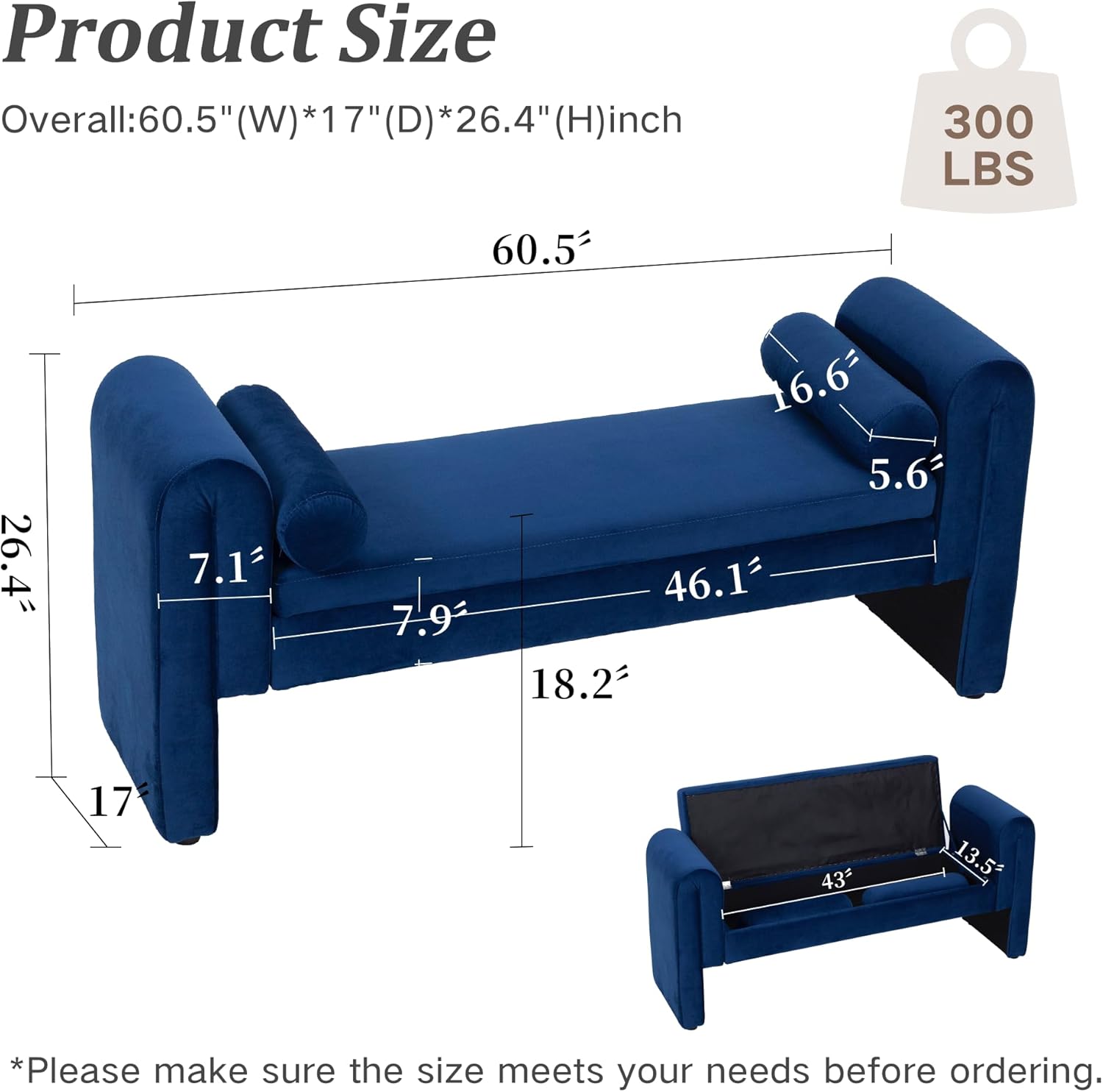 60.5" End of Bed Bench Storage Bench for Bedroom,Soft Velvet Upholstered Ottoman Bench with Rolled Arms, Eentryway Bench with Storage for Living Room,Hallway, Dressing Room (Dark Blue)
