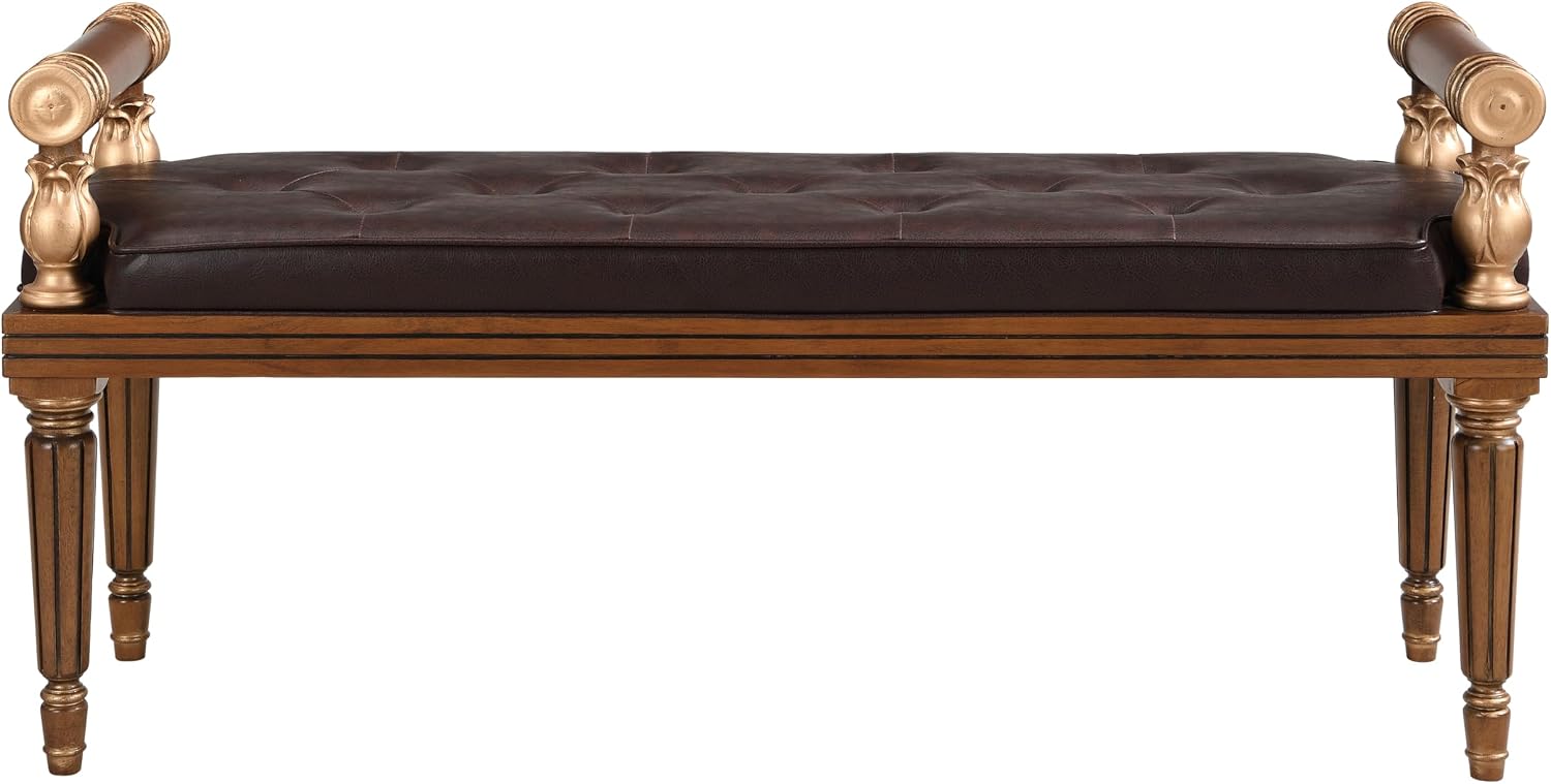 Christopher Knight Home Yae Luxurious PU Leather Upholstered End of Bed Ottoman, Wooden Living Room Ottoman Bench with Fluted Legs/Cylindrical Arm, Long Entryway Bench with Button Tufting, Brown