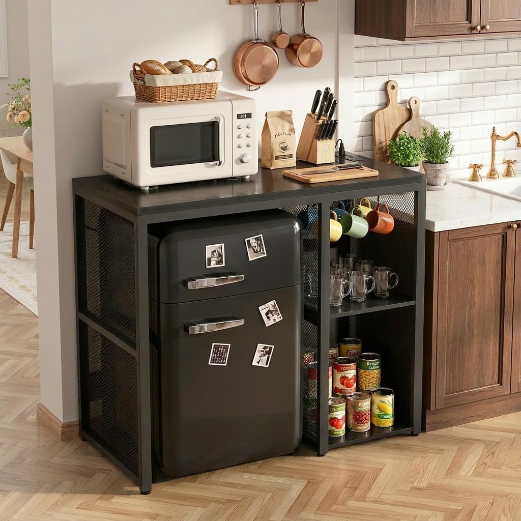 Homieasy Mini Fridge Cabinet with Power Outlet, Coffee Bar Cabinet with Mini Fridge Space, Industrial Liquor Cabinet with Wine Storage & Glass Holder for Dorm, Living Room, Home Kitchen, Black