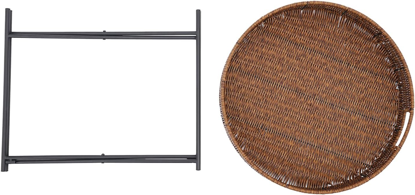 Retro Foldable Imitation Rattan Round Coffee Table, Imitation Wicker Wooden End Table with Removable Tray and 10lbs Load Capacity, for Living Room, Bedroom, Office, Bathroom, Bar, Balcony