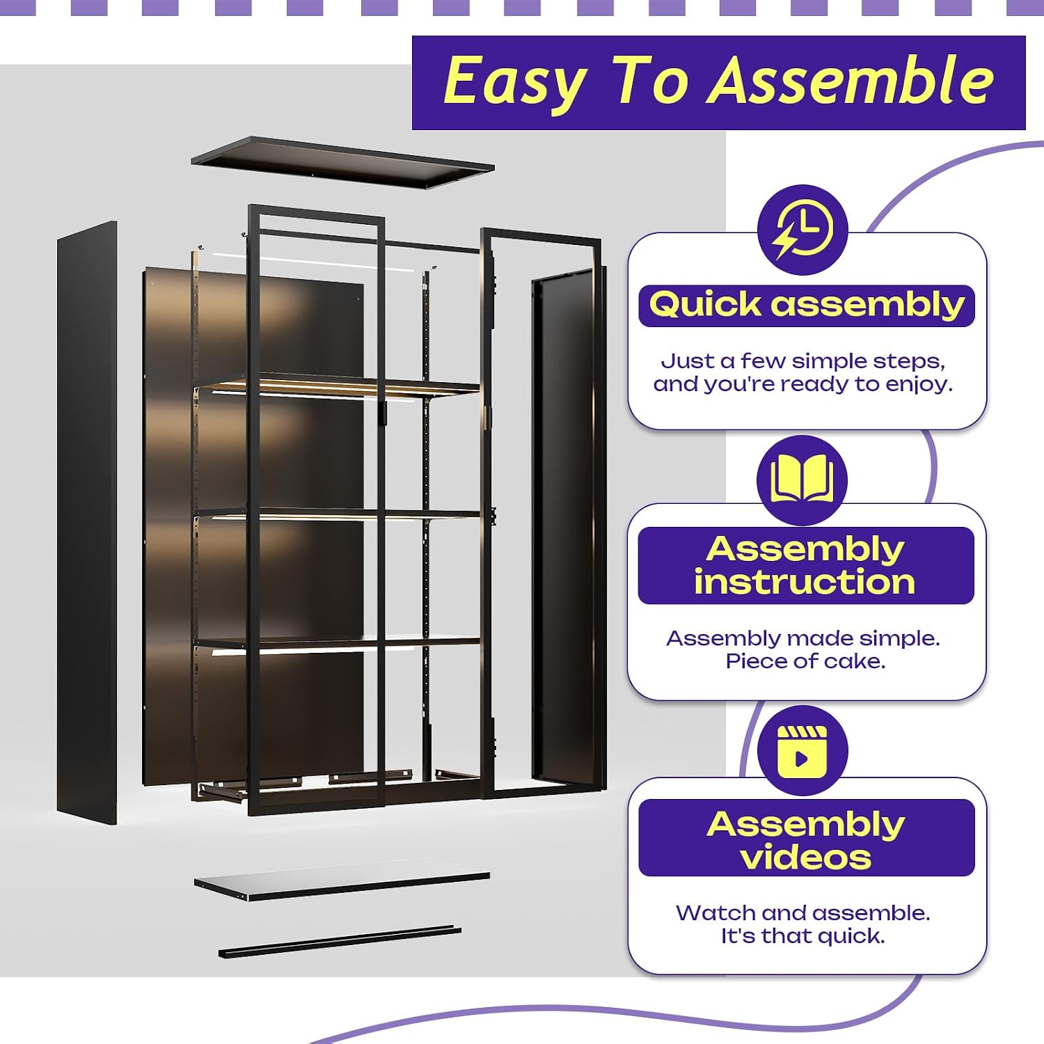 Display Cabinet with Glass Doors, 4-Tier Curio Cabinet with 3 Color Lights,Glass Display Case for Collectibles with Adjustable Shelves-Toys,Books,Figures,Exhibit(63" Black)