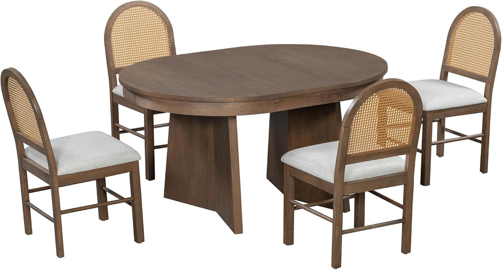 Harper & Bright Designs 5-Piece Extendable Round Dining Table Set for 4, Modern Kitchen Table Set with 4 Upholstered Chairs, Kitchen Table and Chairs Set for Kitchen Dining Room Home, Walnut+Beige