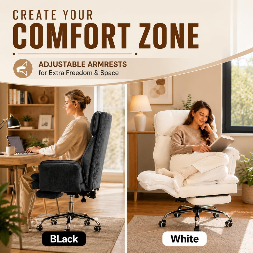 Big and Tall Office Chair with Footrest, Teddy Fleece Ergonomic Desk Chair with Flip Armrests for Pets & Cross-Legged Sitting, Wide Seat Reclining Executive Computer Chair for Home Office, Grey