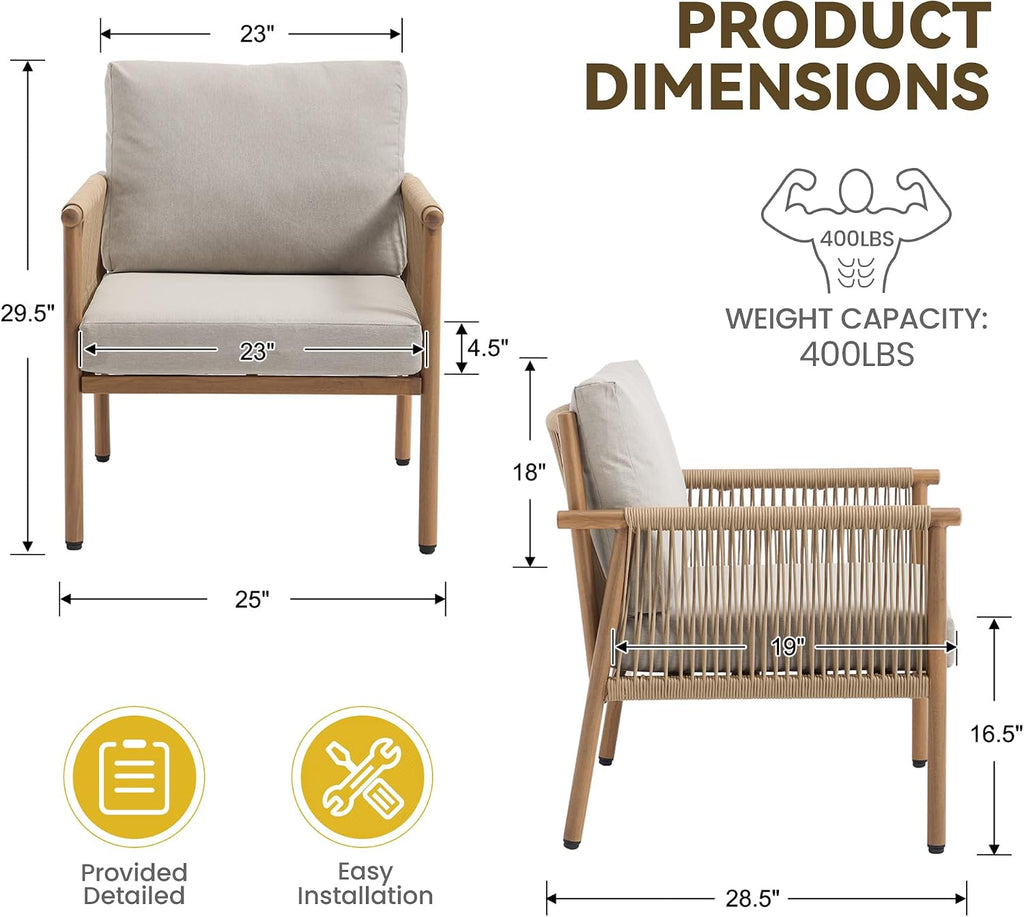Outdoor Accent Chair, Patio Lounge Chair Set of 2, Hand-Woven Rope with Waterproof Cushions, All-Weather Patio Accent Chairs for Garden, Balcony, Poolside, Grey+Mocha Rope