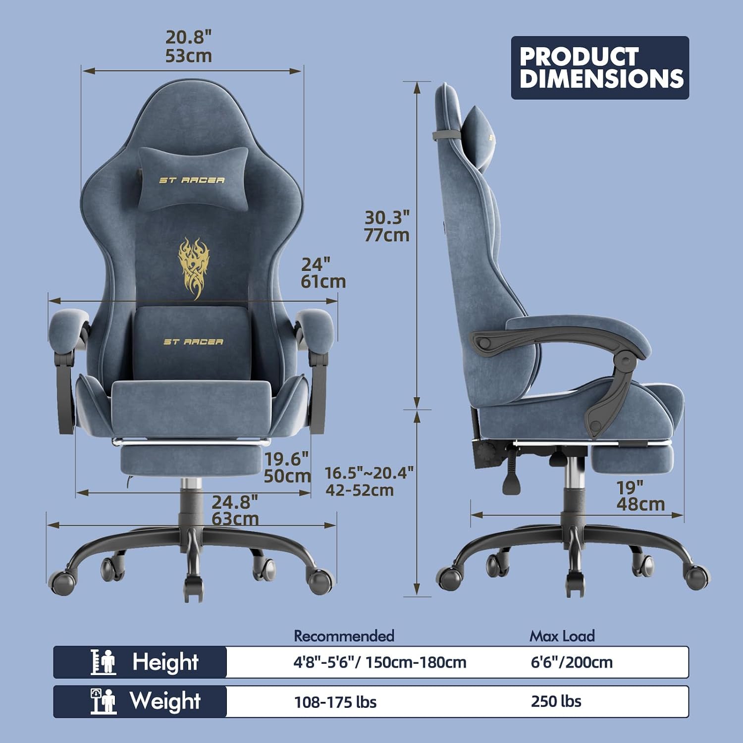 Soontrans Velvet Fabric Ergonomic Gaming Chair with Footrest, Reclining Office Computer Desk Game Chairs with Massage Lumbar Cushion,Headrest,Comfortable Video Gamer Chair for Adult