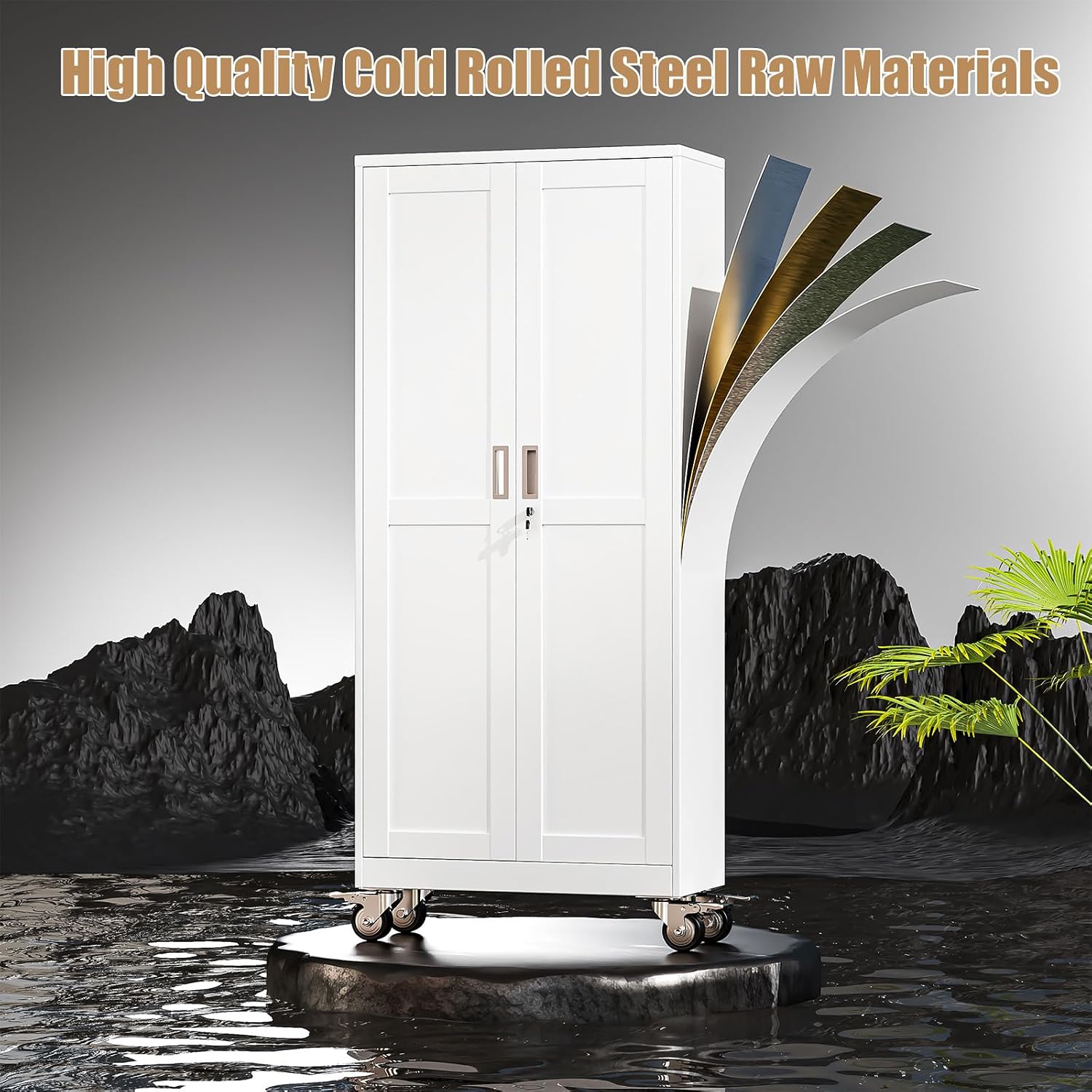 71" H Metal Pantry Storage Cabinet with Wheels,Rolling Kitchen Pantry Cabinet with 2 Doors and 4 Adjustable Shelves, Locker Steel Cabinet,Organization Cabinet for Garage,Home,Gym,School,White