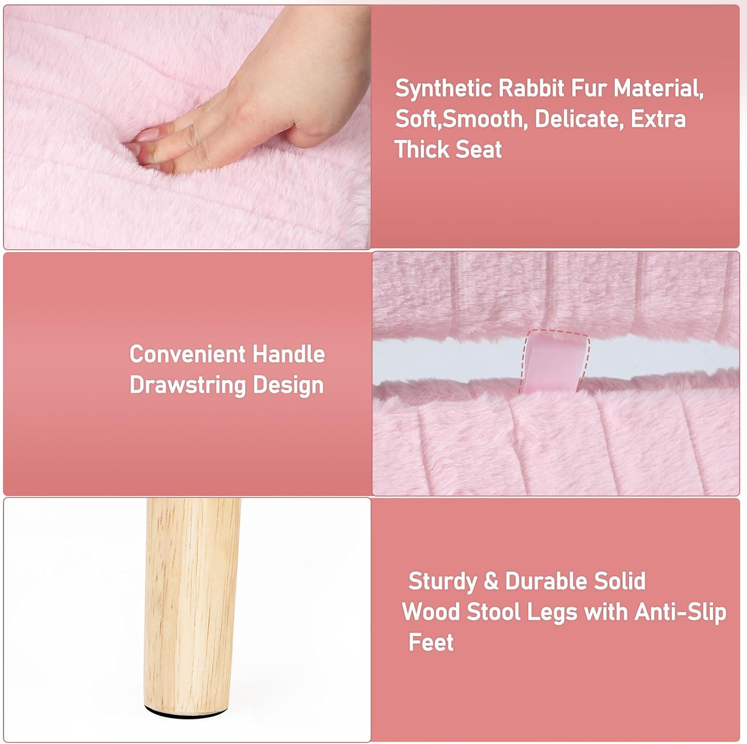 Vanity Stool Chair with Storage & Folding Back, Faux Rabbit Fur Soft Padded Seat Ottoman, 4 Solid Wood Legs Anti-Slip Feet, Small Stool for Vanity Desk for Makeuproom, Bedroom 15.7”x12.5”x28.7”（Pink）