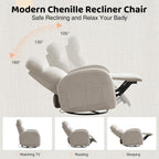 Swivel Rocker Recliner Chair, Rocking Recliner for Nursery with Side Pockets, Manual Swivel Reclining Nursery Glider Chair for Breastfeeding Living Room, Camel Chenille
