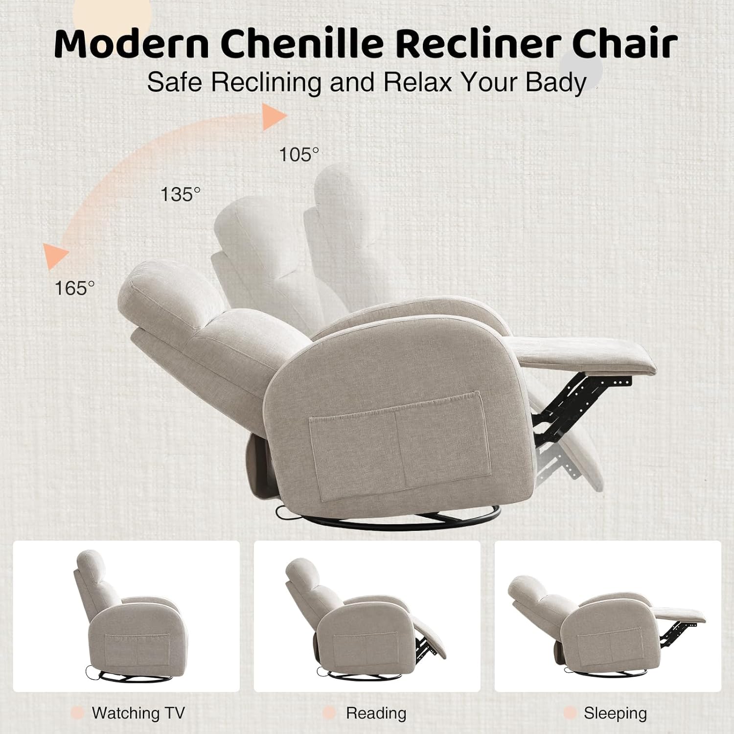 Swivel Rocker Recliner Chair, Rocking Recliner for Nursery with Side Pockets, Manual Swivel Reclining Nursery Glider Chair for Breastfeeding Living Room, Camel Chenille