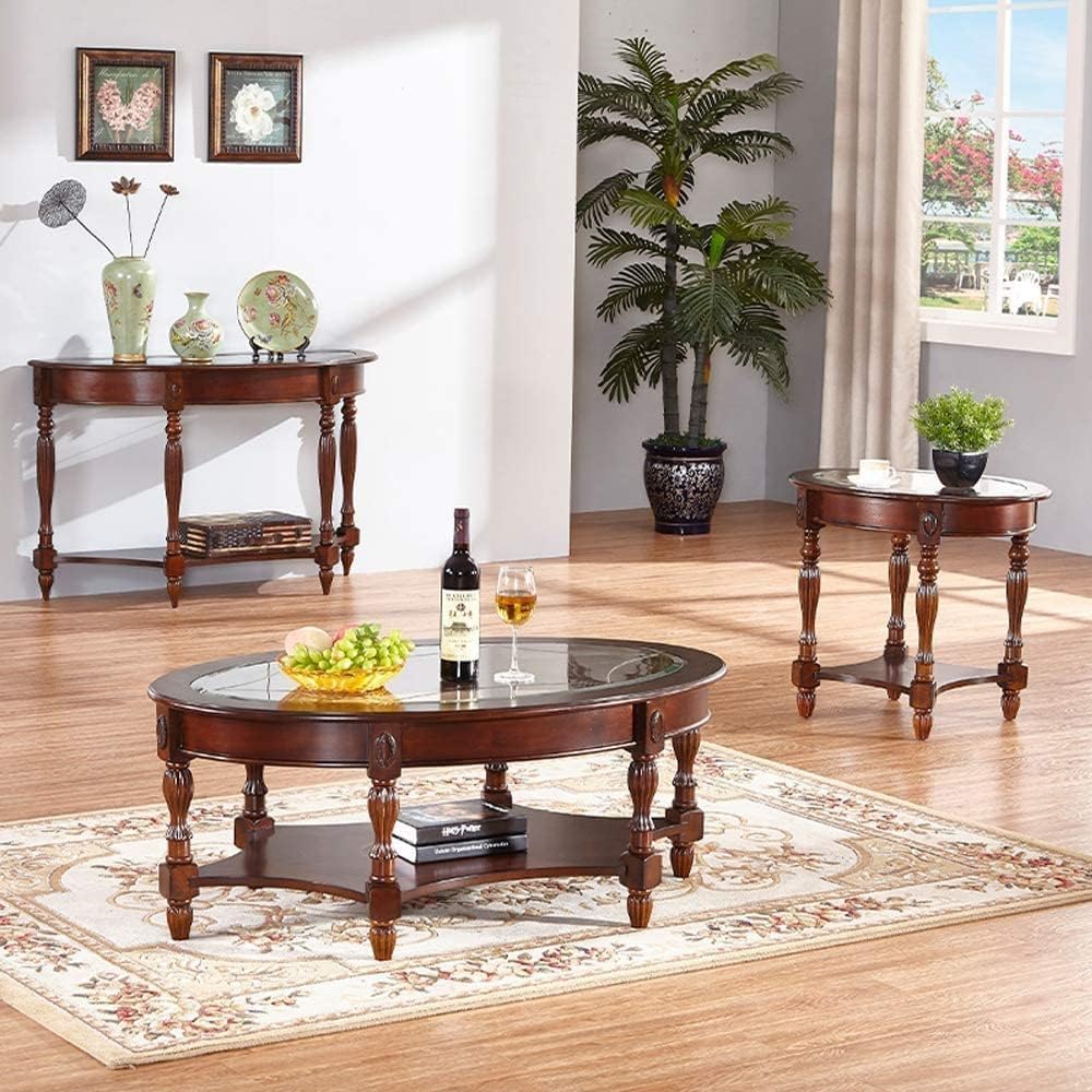 Traditional Solid Wood Oval End Table with Tempered Glass Top. Side Table for Living Room,Bedroom