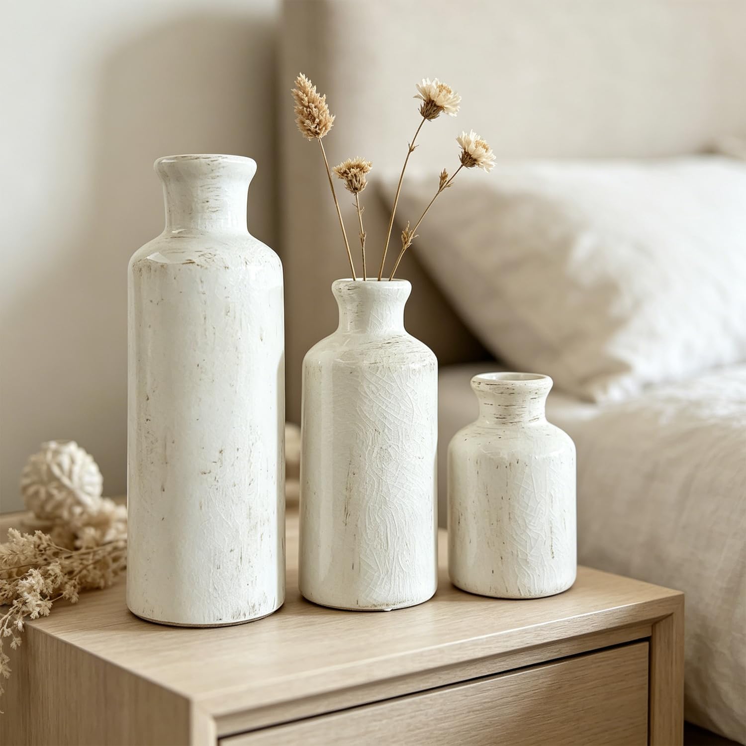 Modern Ceramic Vase Set of 3,White Rustic Vase Home Decor, Farmhouse Vase Decor for Shelves,Entry Table,Living Room,Fireplace