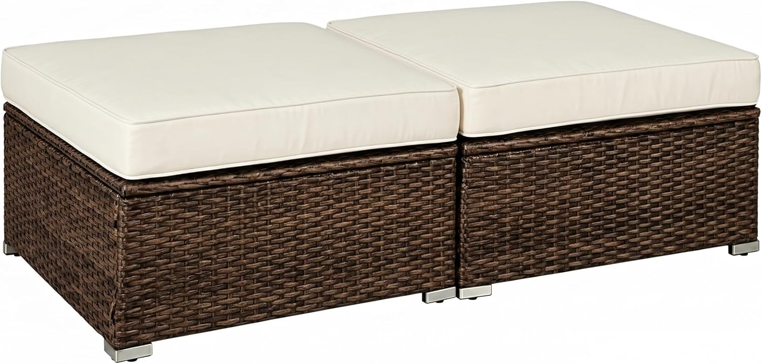 COSIEST 2 Piece Wicker Outdoor Ottoman Set, Patio Footstools with Removable Thick Cushions, Rattan Footrests for Deck, Backyard, Poolside, White