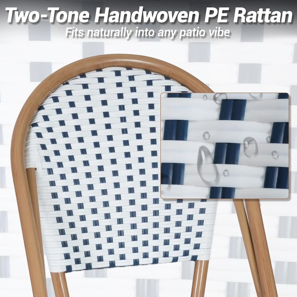 Outdoor French Counter Bar Stools Set of 4, 30" Height Patio Rattan Stools w/Wood Print Finish, All-Weather Armless Wicker Chairs for Poolside Backyard Front Porch Garden Kitchen, White/Blue