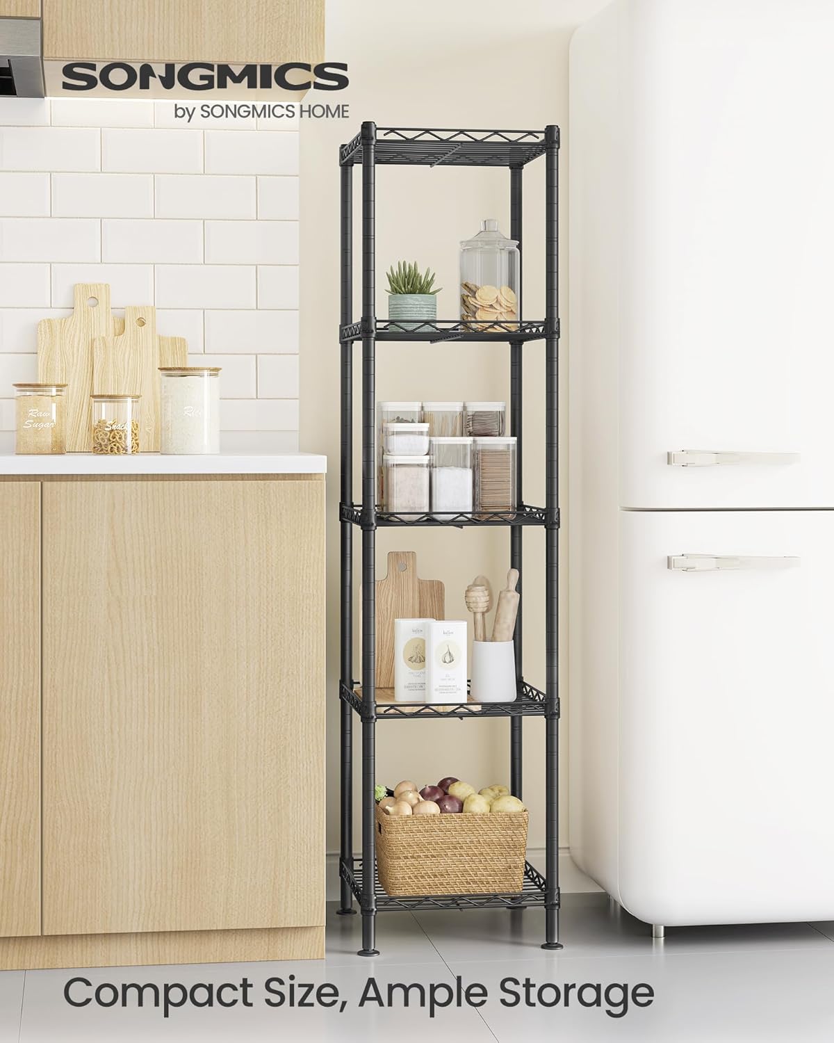 SONGMICS Storage Shelf, Small Metal Wire Shelving Unit, Adjustable Shelves, for Small Spaces, Garage, Bedroom, Living Room, Kitchen, Pantry, 5 Tier, 11.8 x 11.8 x 47.6 Inches, Ink Black ULGR123BH01