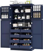 roomfitters 71 Inch Freestanding Kitchen Pantry with 8 Pull-Out Trays and Door Shelves, Shaker Cabinet, Blue