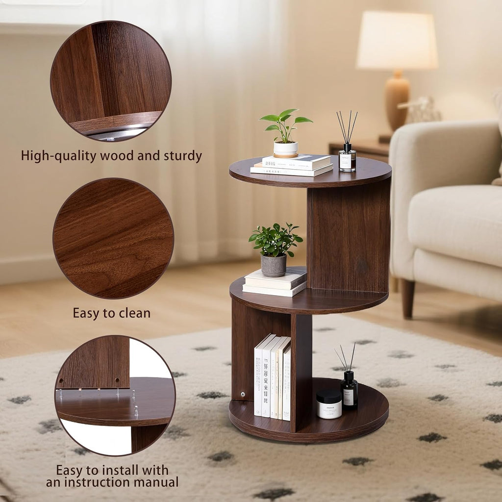 Wood 2-Tier 360° Rotating Bookshelf, Narrow Corner Bookcase & Accent Table, Floor Standing Storage Rack for Kids Bedroom Living Room, Space Saving