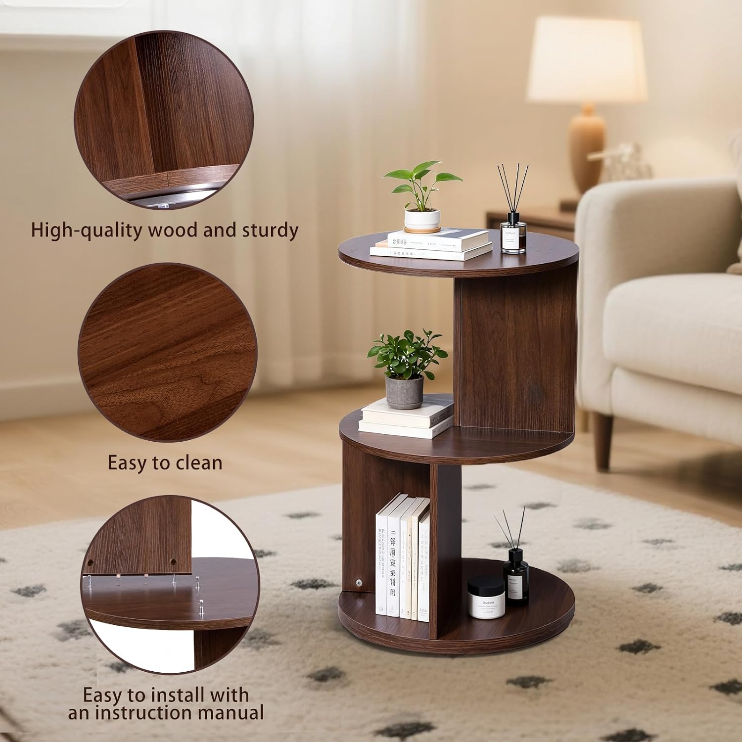 Wood 2-Tier 360° Rotating Bookshelf, Narrow Corner Bookcase & Accent Table, Floor Standing Storage Rack for Kids Bedroom Living Room, Space Saving