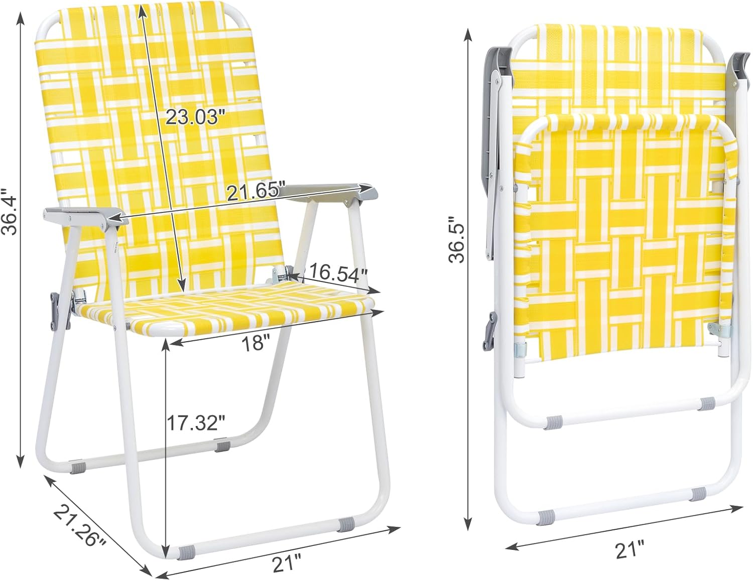 Vasitelan Patio Lawn Chairs Folding Chairs Set of 2, Webbed Folding Chair Outdoor Beach Chair Portable Camping Chair for Yard, Garden (Yellow & White)