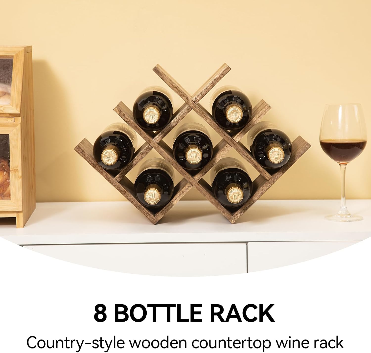 KIRIGEN Wooden Wine Rack, 8-Bottle 3-Tier Countertop Wine Holder, Brown | 16.73 x 5.91 x 11.14 In, Holds 8 Standard Wine Bottles for Cabinets, Pantry Shelves, and Kitchen Counter, Assembly Required