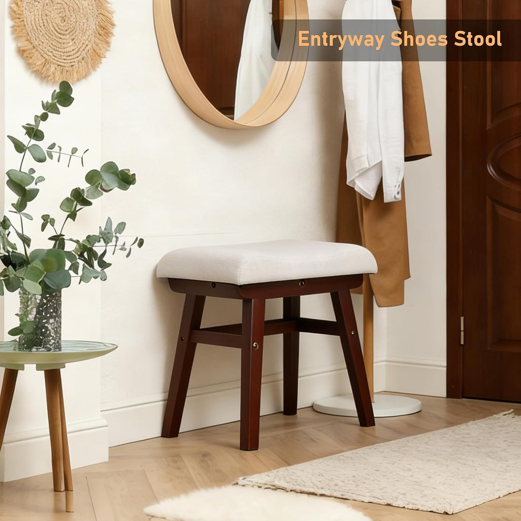 Wood Vanity Stool Chair, 17.7 Inch Compact Makeup Chairs with Saddle Cushion, Linen-Covered High Rebound Sponge Seat, Easy Assembly Footstool for Bedroom, Entryway, Home, Walnut Ottomans