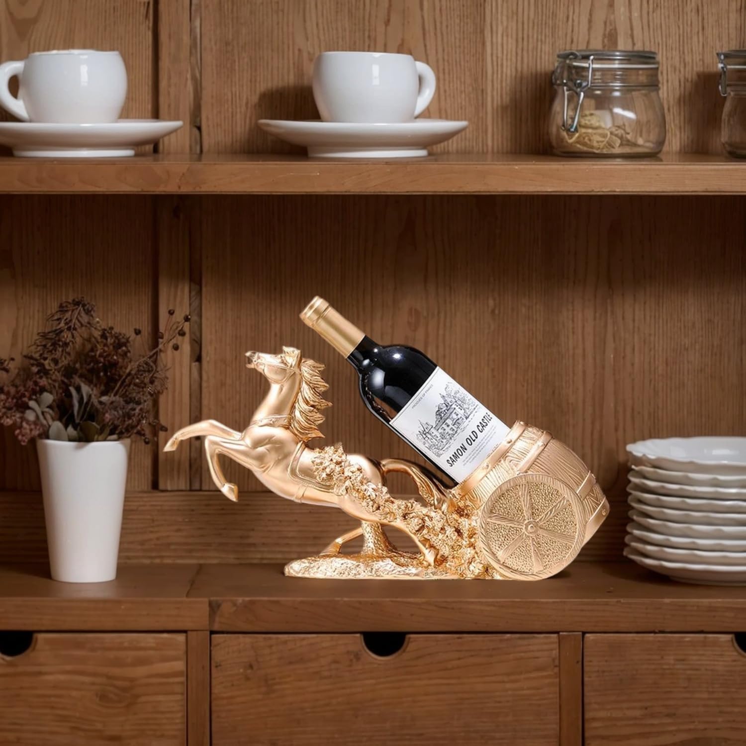 Horse Sculpture Resin Wine Bottle Holder - Tabletop Kitchen Decor, Decorative Storage Organizer for Home Bar Cellar, Unique Gift for Men Women Housewarming, Holds 1 Standard Bottle (B)