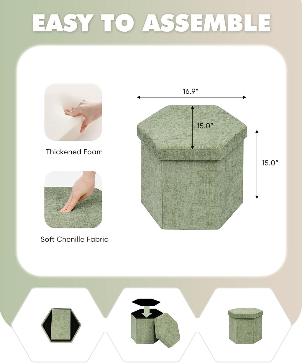 B FSOBEIIALEO Storage Ottoman Cube Hexagonal Pouf Ottomans, Foot Rest Seat for Sofa Footrest Entryway Shoe Footstool for Living Room/Bedroom/Entrway Chenille Green 16.93"x15"x15"