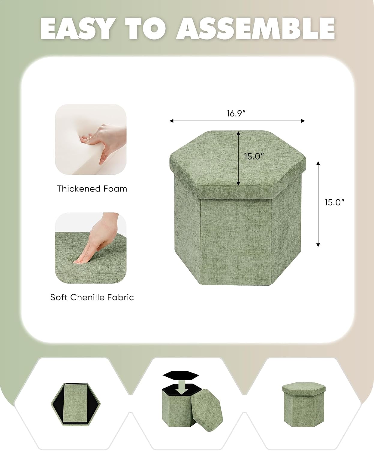 B FSOBEIIALEO Storage Ottoman Cube Hexagonal Pouf Ottomans, Foot Rest Seat for Sofa Footrest Entryway Shoe Footstool for Living Room/Bedroom/Entrway Chenille Green 16.93"x15"x15"