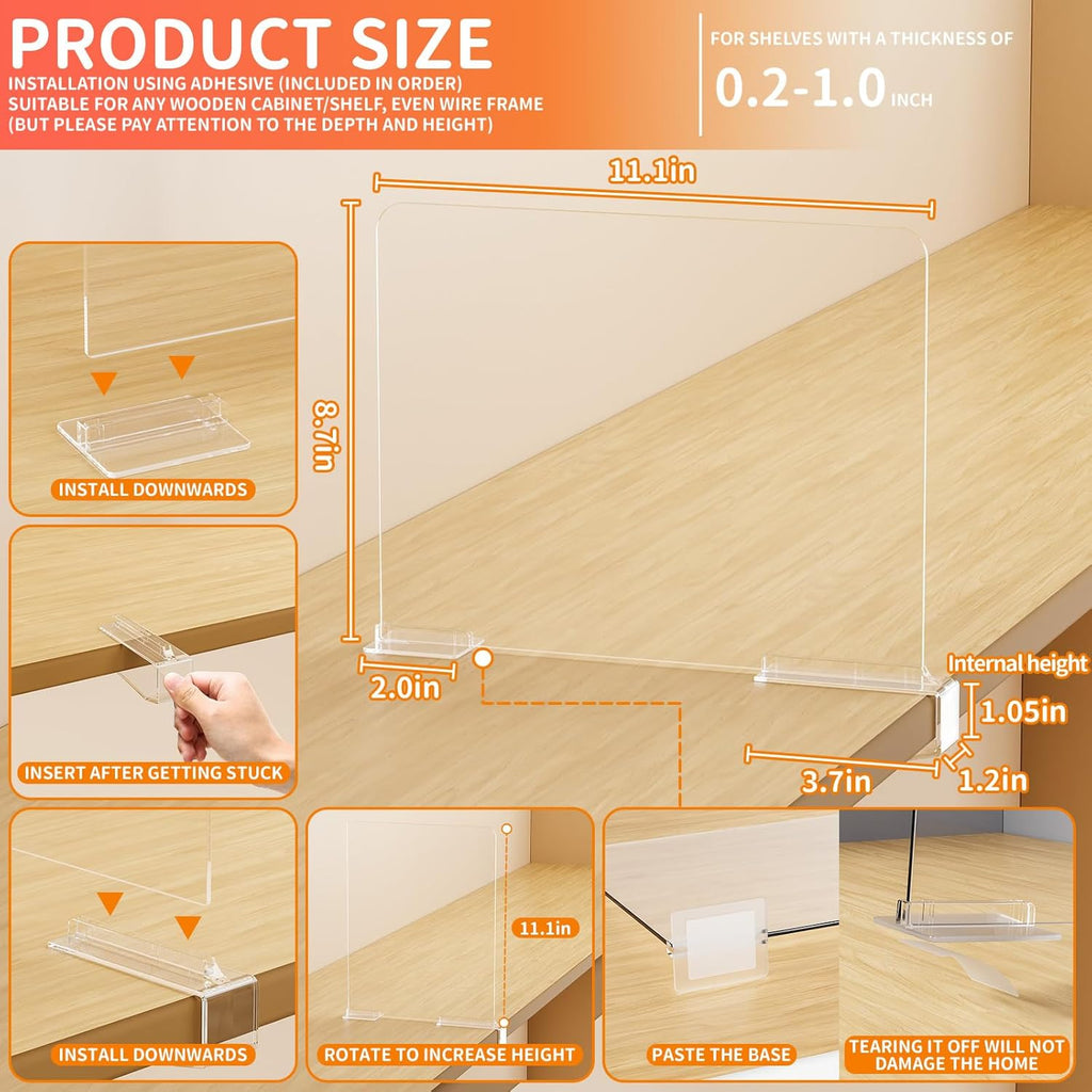 Yieach Adjustable Height Clear Shelf Dividers,6 Pack Acrylic Closet Shelf Dividers for Organization,11.1 Inch Tall Vertical Plastic Shelf Separators for Towel,Sweater,Towel Organizers and Bookshelf