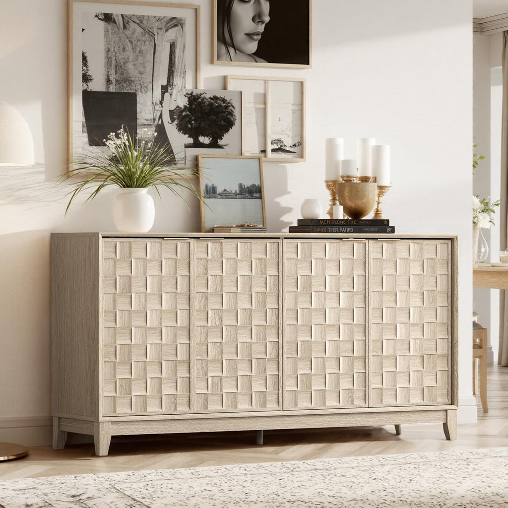 COLAMY 60" Sideboard Buffet Cabinet with Storage, Modern 4-Door Buffet Table with 3D Checkerboard Doors & Solid Wood Legs, Large Coffee Bar Cabinet for Dining Room, Living Room, Entryway, Oak Mist