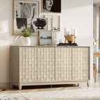 COLAMY 60" Sideboard Buffet Cabinet with Storage, Modern 4-Door Buffet Table with 3D Checkerboard Doors & Solid Wood Legs, Large Coffee Bar Cabinet for Dining Room, Living Room, Entryway, Oak Mist