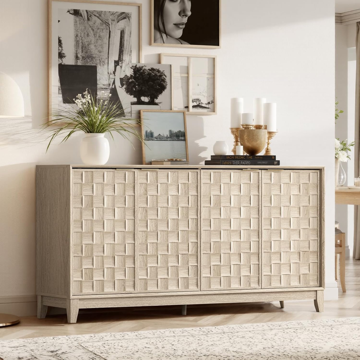 COLAMY 60" Sideboard Buffet Cabinet with Storage, Modern 4-Door Buffet Table with 3D Checkerboard Doors & Solid Wood Legs, Large Coffee Bar Cabinet for Dining Room, Living Room, Entryway,Oak Mist