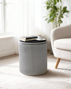 LITZFUR Round Ottoman with Storage,Velvet Upholstered Vanity Stool & Folding Foot Rest,Coffee Table for Living Room,Bedroom,Gray