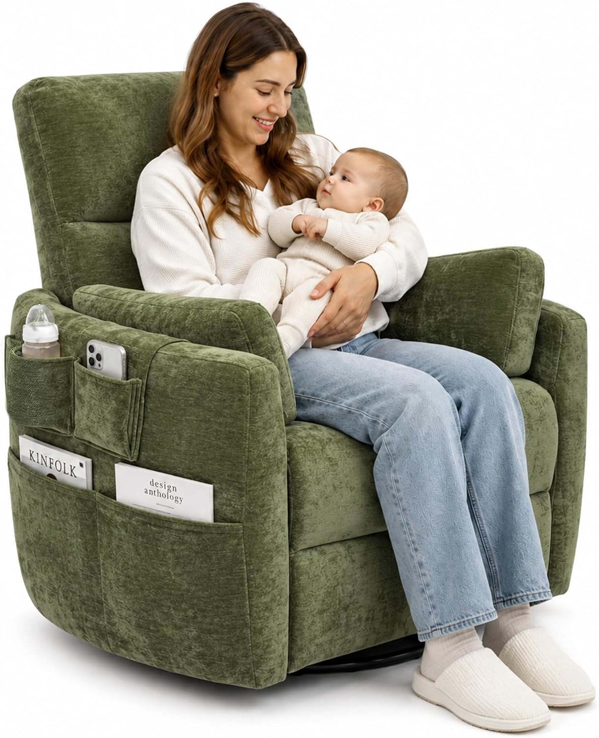 Chenille Power Swivel Glider Recliner Chair for Nursery, Detachable Storage Bag, Green