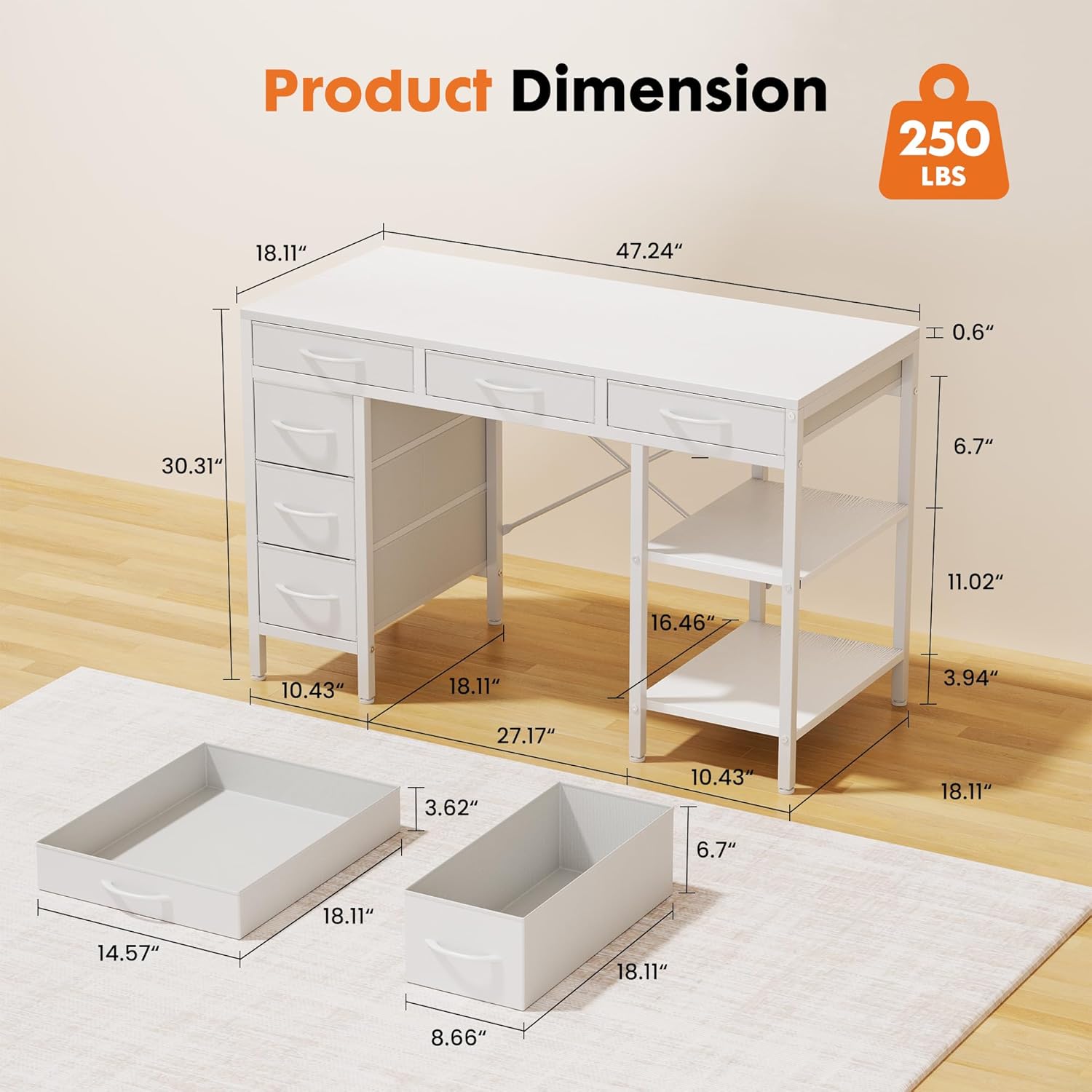 OLIXIS Computer Desk with 6 Drawers, 47 inch Office Desk with Storage Shelves, Reversible Gaming Desk, Corner Desk with Storage Drawers, Work for Home Office, Study, Living Room, White